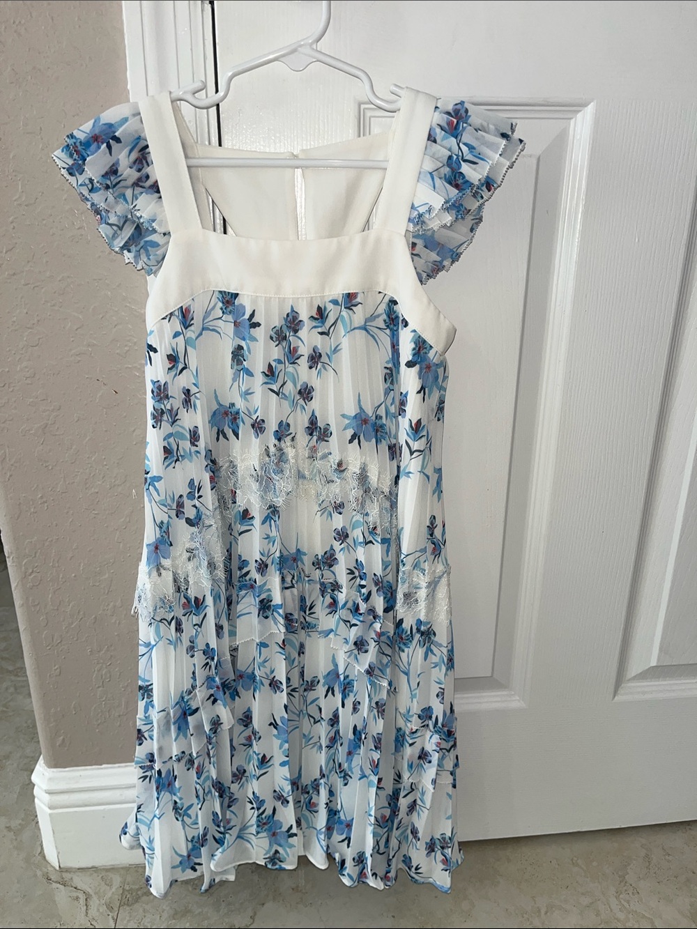 Reiss White & Blue Floral Ruffle Sleeve Dress